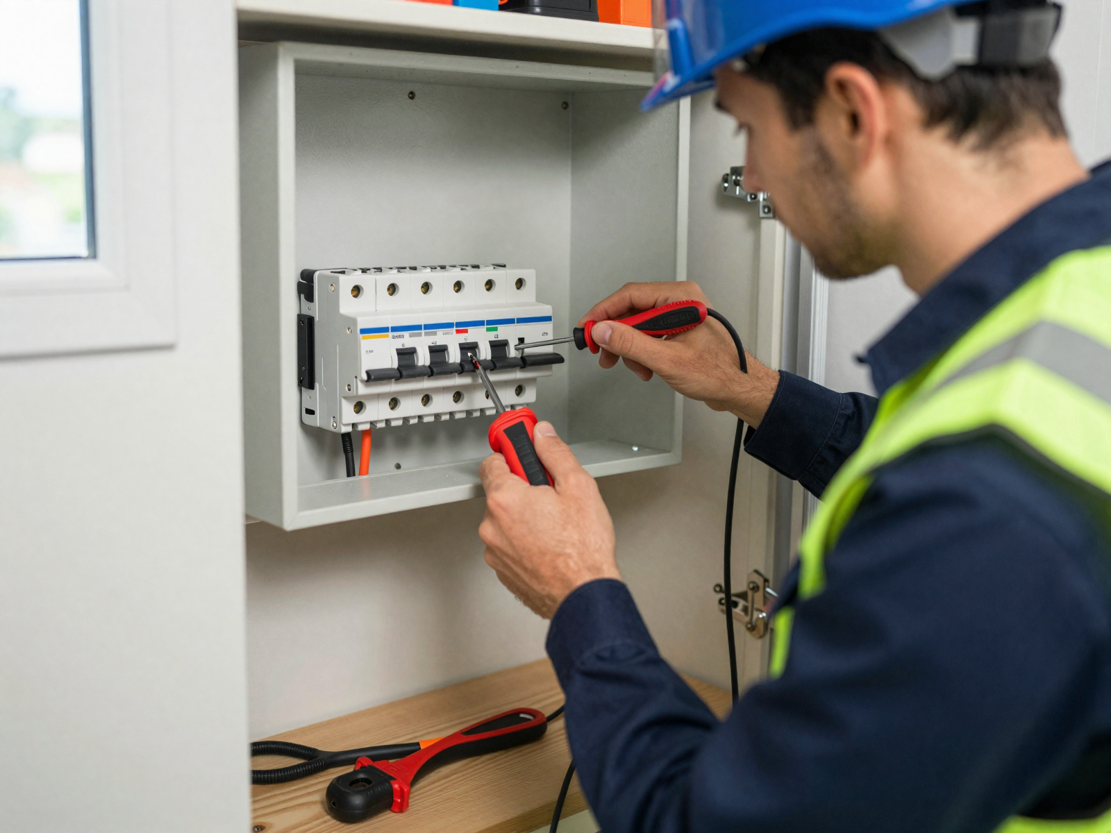 Electrician installing circuit breaker in residential electrical panel