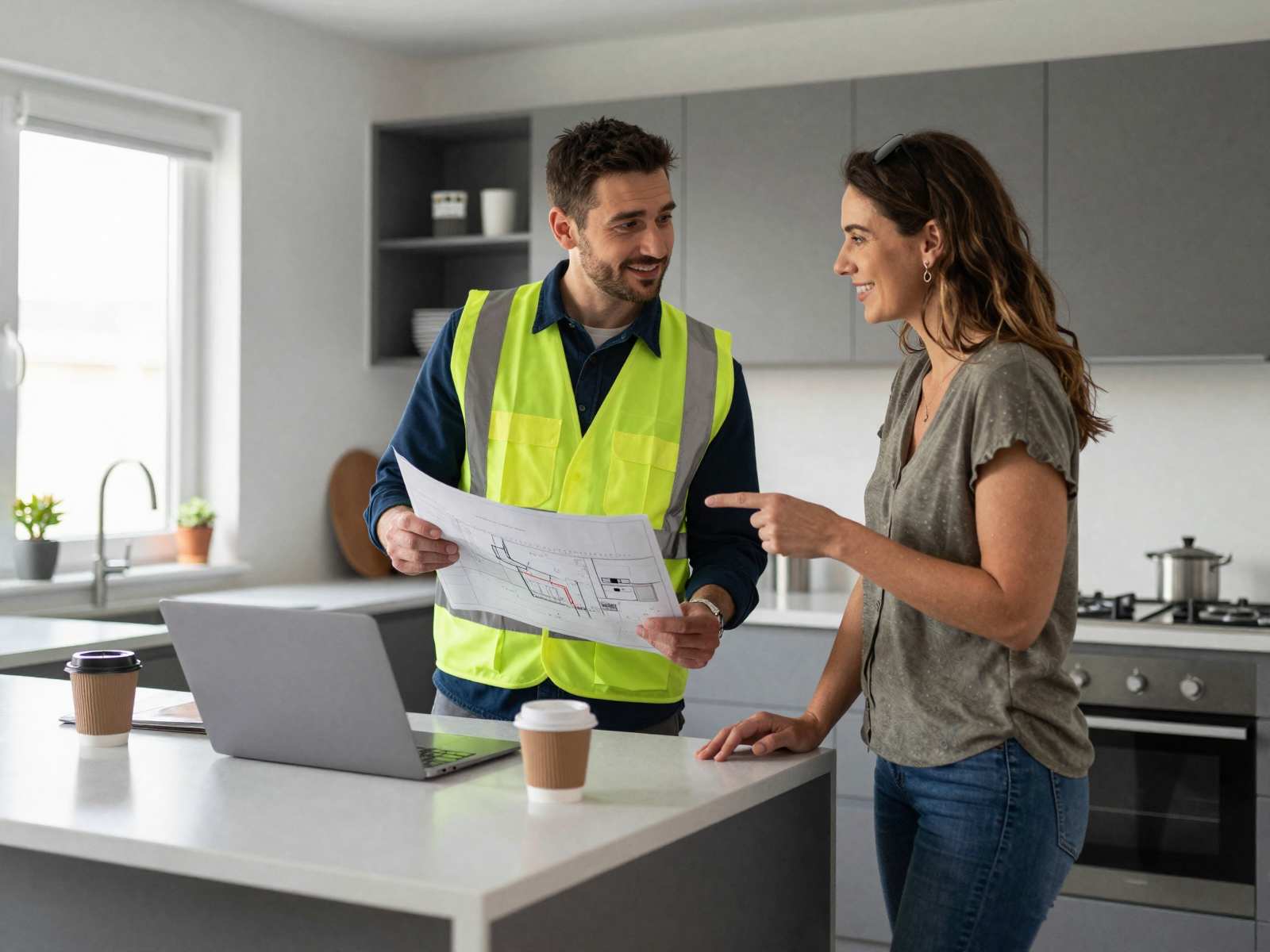 Electrician consulting with homeowner about electrical wiring blueprint