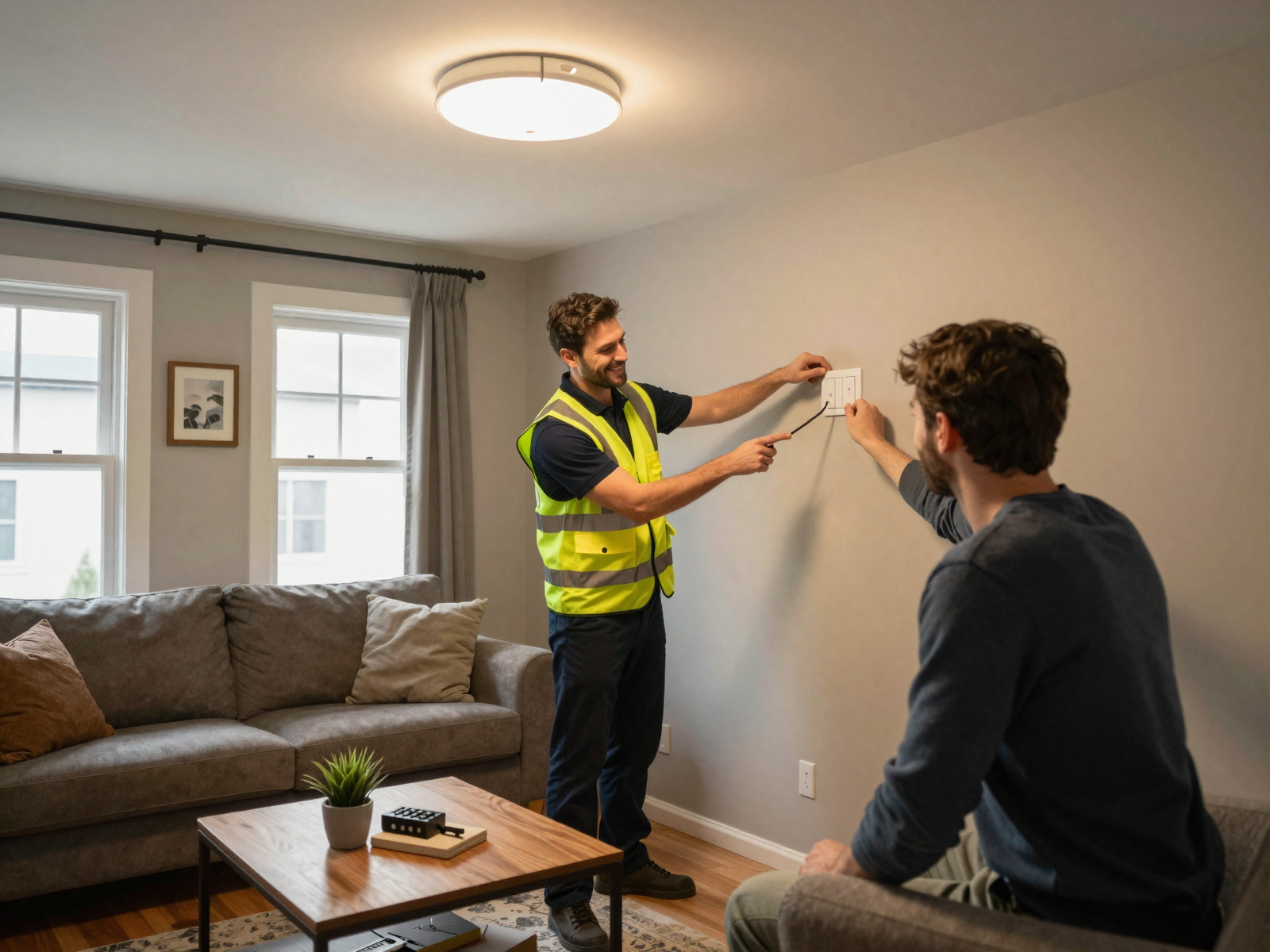 Electrician completing electrical installation in a modern home